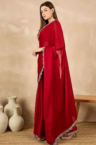 Red embroidered satin saree