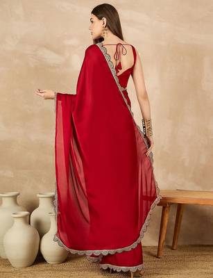 Red embroidered satin saree 3