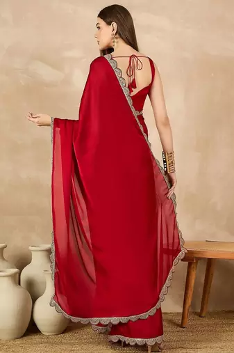 Red embroidered satin saree
