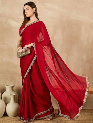 Red embroidered satin saree 4