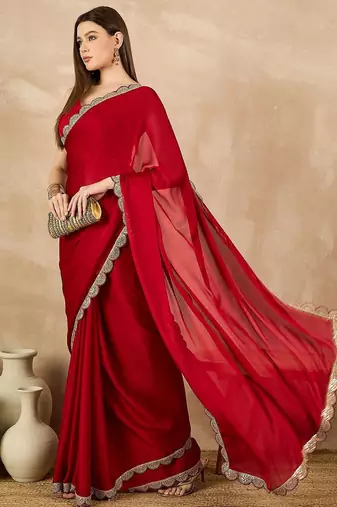Red embroidered satin saree