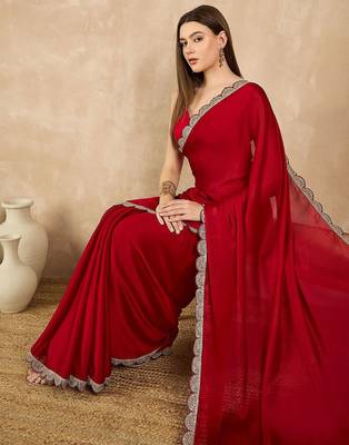 Red embroidered satin saree 5