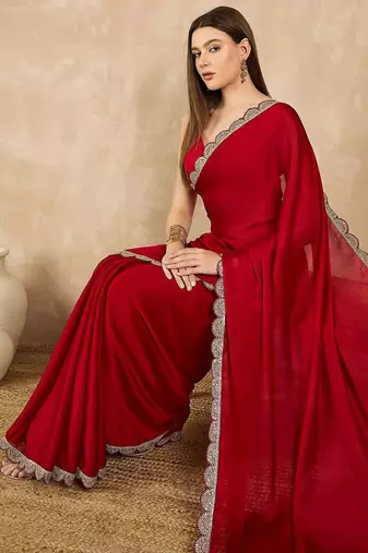 Red embroidered satin saree