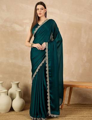 Green sequinned satin saree 1