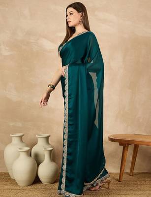 Green sequinned satin saree 2