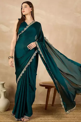 Green sequinned satin saree