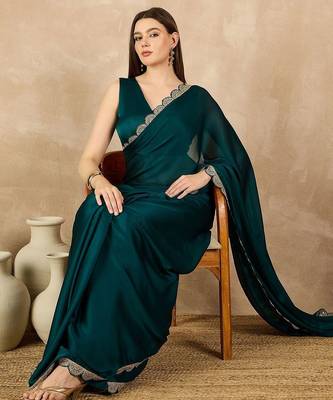 Green sequinned satin saree 5