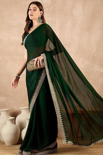 Green embroidered satin saree
