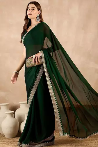 Green embroidered satin saree