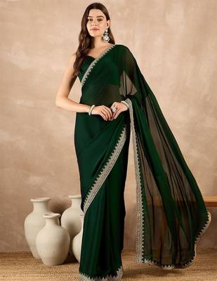 Green embroidered satin saree 2