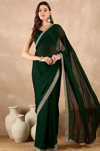 Green embroidered satin saree