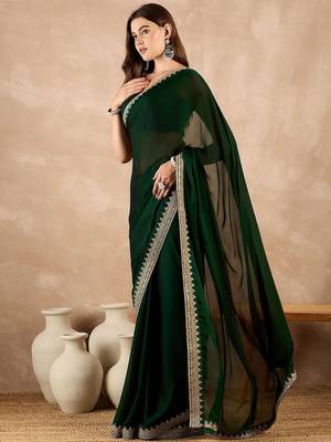Green embroidered satin saree 3