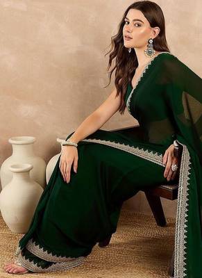 Green embroidered satin saree 5