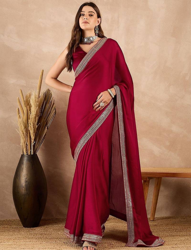 Maroon embroidered border banarasi saree
