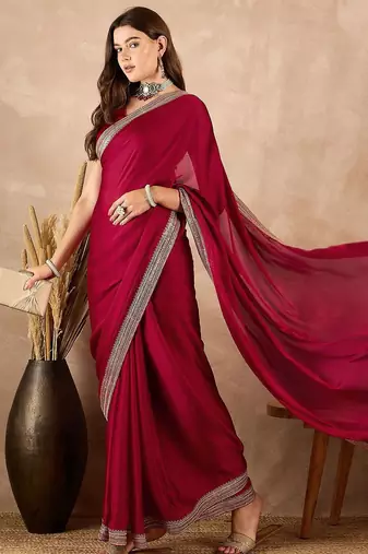 Maroon embroidered border banarasi saree