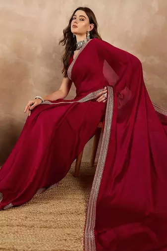 Maroon embroidered border banarasi saree