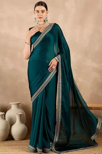 Teal embroidered satin saree