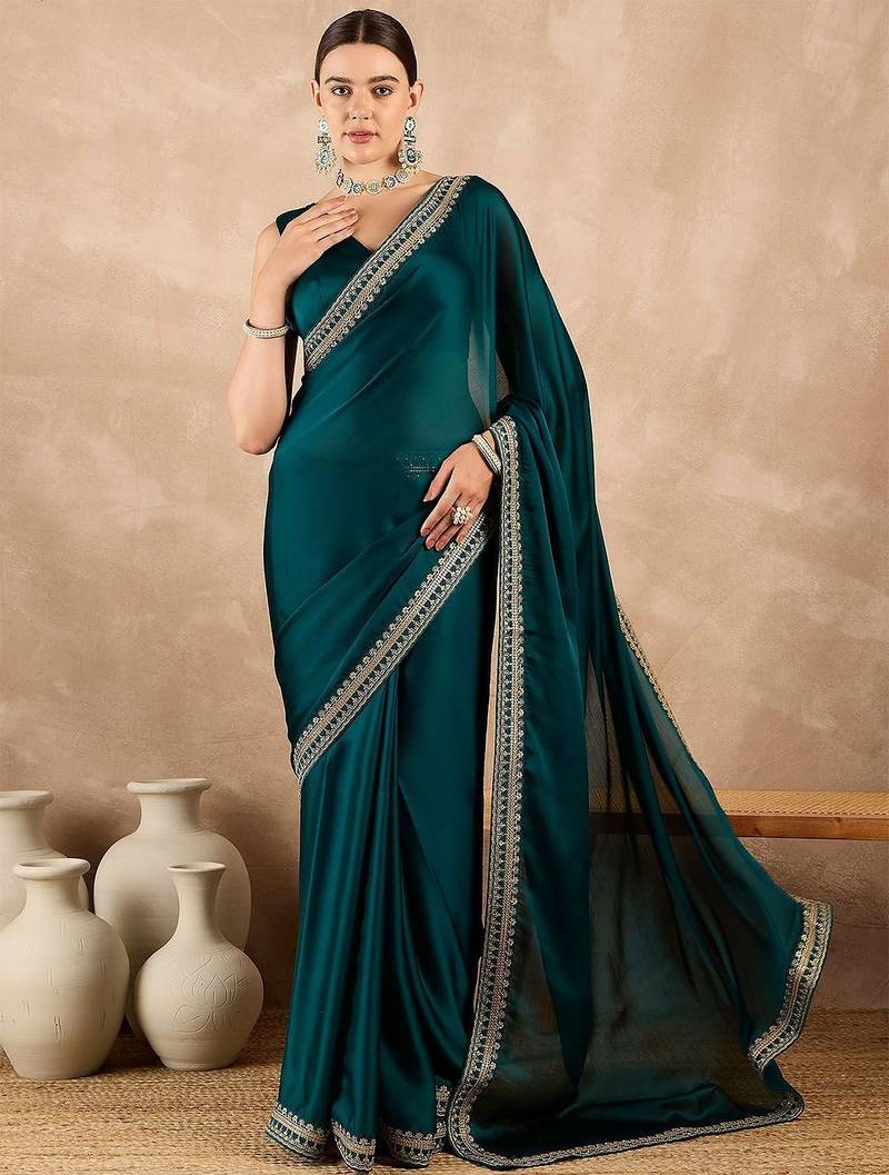 Teal embroidered satin saree