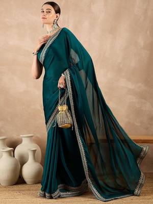 Teal embroidered satin saree 2