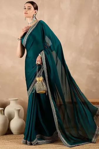 Teal embroidered satin saree