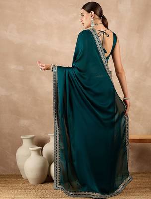 Teal embroidered satin saree 3
