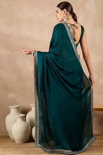 Teal embroidered satin saree