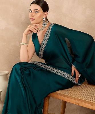 Teal embroidered satin saree 4