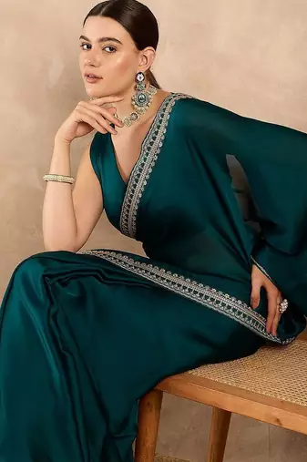 Teal embroidered satin saree