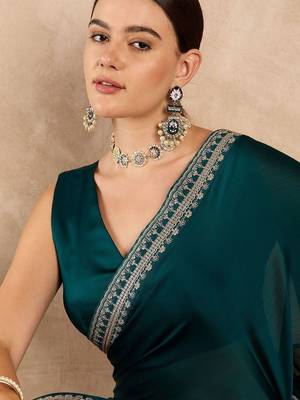 Teal embroidered satin saree 5