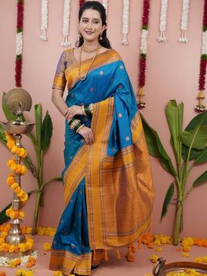 Blue woven design zari silk blend banarasi saree 1