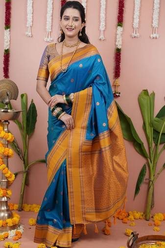 Blue woven design zari silk blend banarasi saree