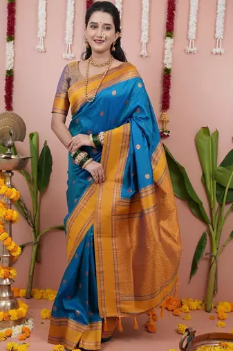 Blue woven design zari silk blend banarasi saree