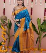 Blue woven design zari silk blend banarasi saree