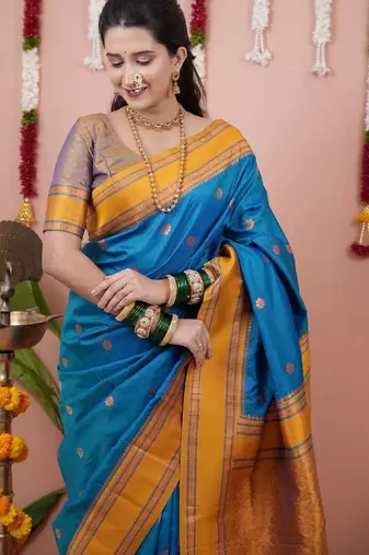 Blue woven design zari silk blend banarasi saree