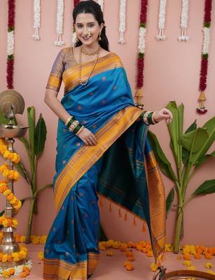 Blue woven design zari silk blend banarasi saree 4