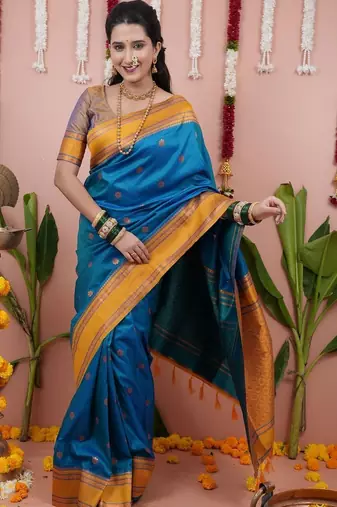Blue woven design zari silk blend banarasi saree