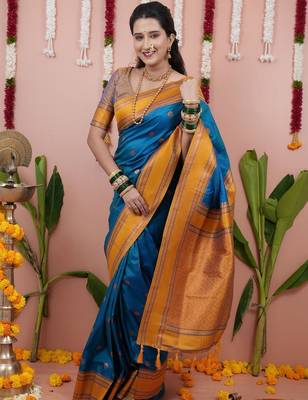 Blue woven design zari silk blend banarasi saree 5