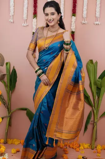 Blue woven design zari silk blend banarasi saree