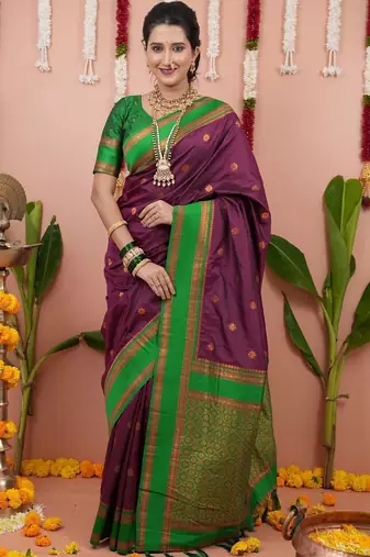 Purple woven design zari silk blend banarasi saree