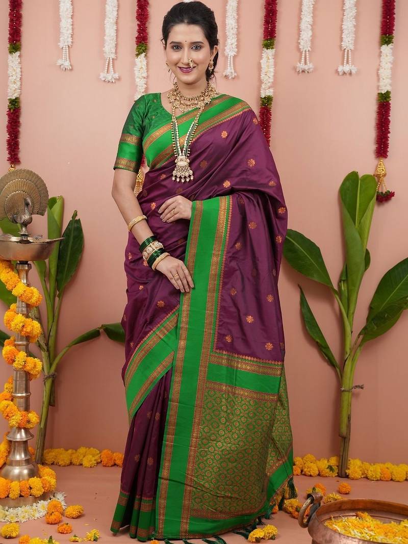Purple woven design zari silk blend banarasi saree