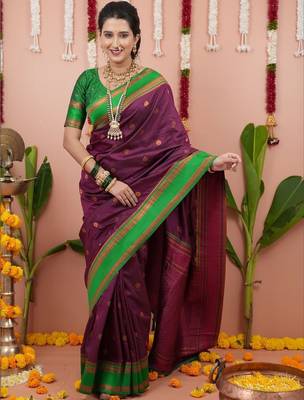 Purple woven design zari silk blend banarasi saree 4
