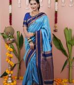 Blue woven design zari silk blend banarasi saree