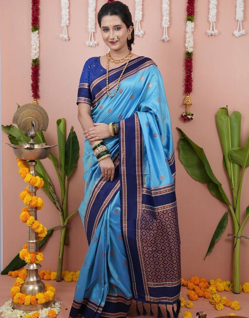 Blue woven design zari silk blend banarasi saree