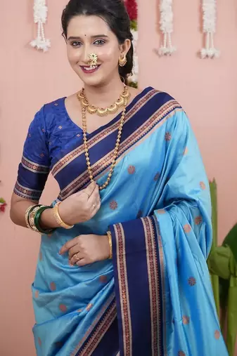 Blue woven design zari silk blend banarasi saree