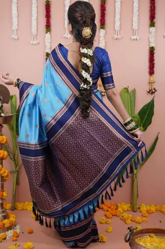 Blue woven design zari silk blend banarasi saree