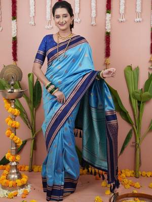 Blue woven design zari silk blend banarasi saree 4