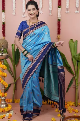 Blue woven design zari silk blend banarasi saree