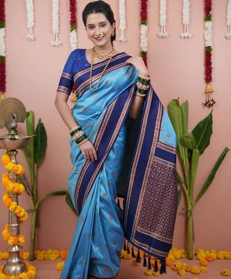 Blue woven design zari silk blend banarasi saree 5