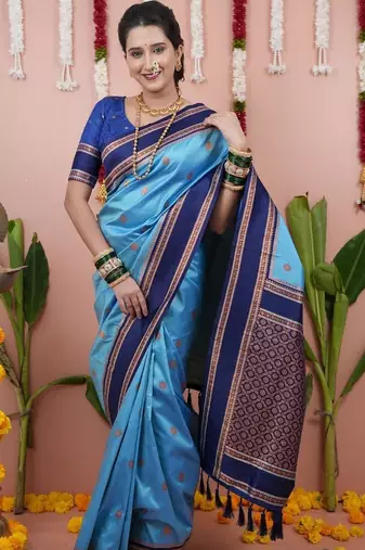Blue woven design zari silk blend banarasi saree