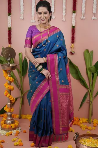 Blue ethnic motifs zari silk blend banarasi saree